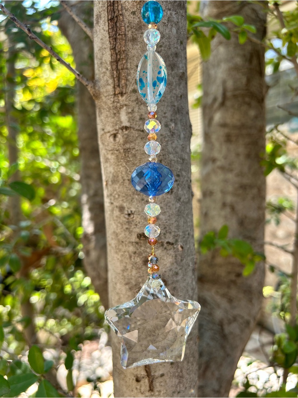 15.5” blue and clear star prism Crystal beaded Suncatcher Sun charm decor